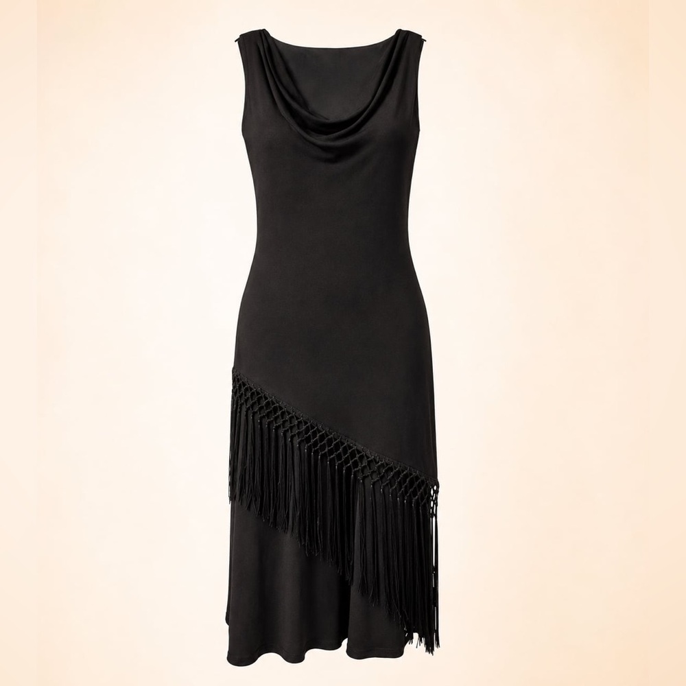 Black Fringe Midi Dress Sz 12 Asymmetrical Hem Cocktail Night Out Vacation Party
